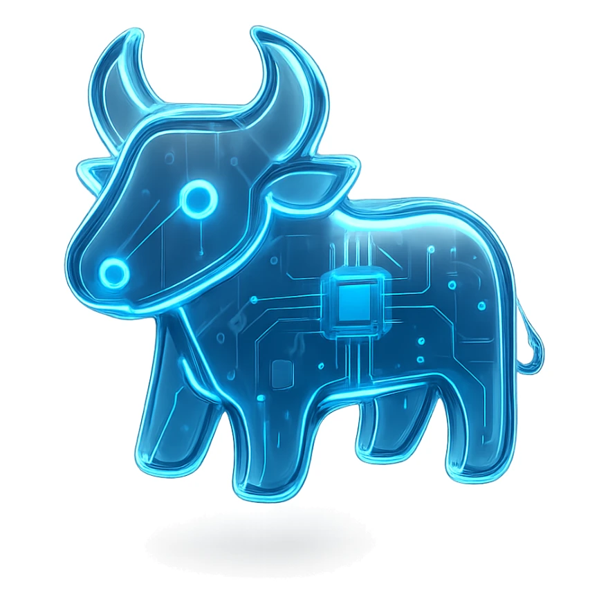minimal high-tech bull icon with blue accents and glowing effect sticker