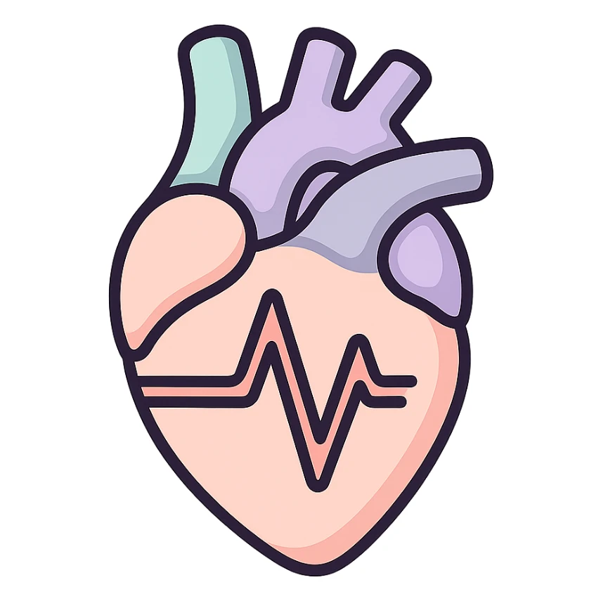 anatomical heart with a cardiogram line inside, icon-color-outlined style, thin clean contours, soft rounded shapes, pastel palette #98B5BC, #B5B3C1, #C9A3C9, #E4C0CA, #F7DCD1, #F7C0AA, detailed shadows and highlights, soft lighting, transparent background, no base or decoration sticker