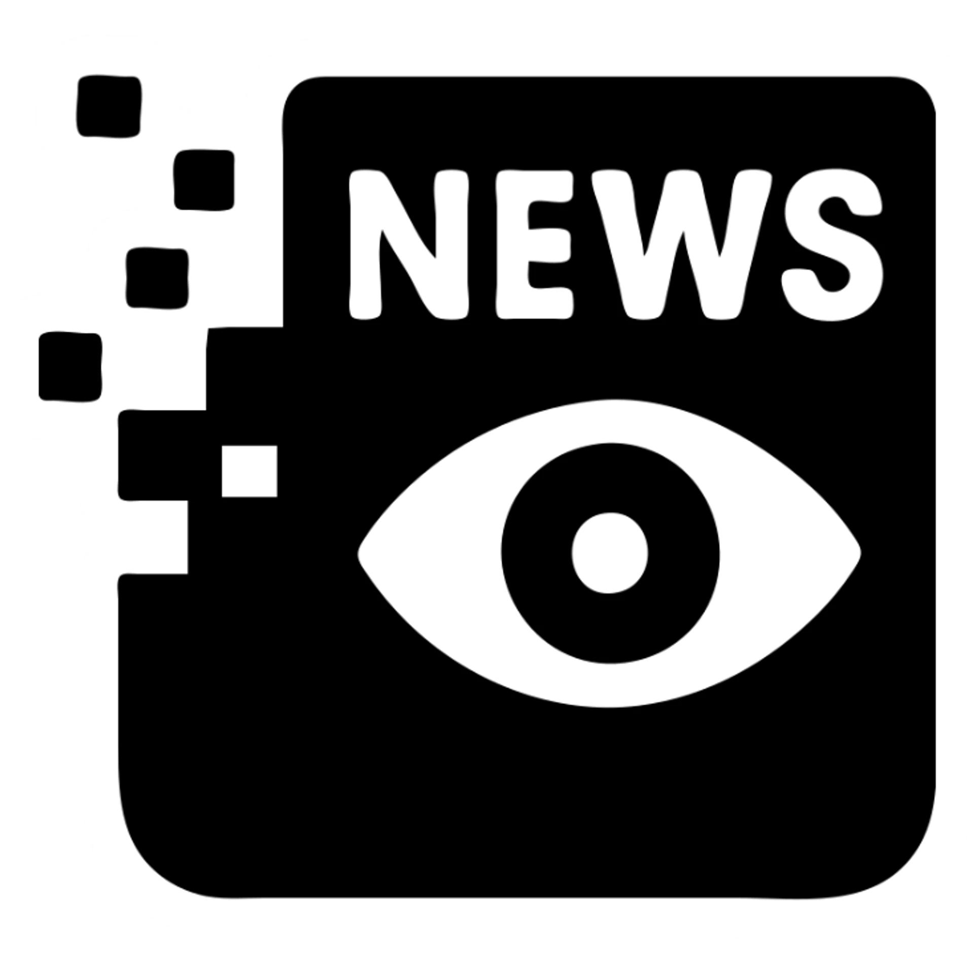 solid black filled icon logo for intelligence news channel, newspaper with digital pixel effect and eye, sleek professional sticker