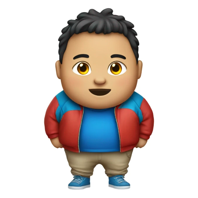 Fat little boy wearing red jacket with blue tobagan  sticker