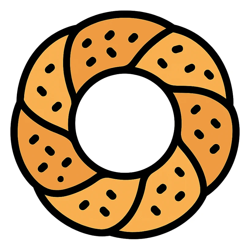 simit bread, top view, golden brown, sesame texture, color outline icon style sticker