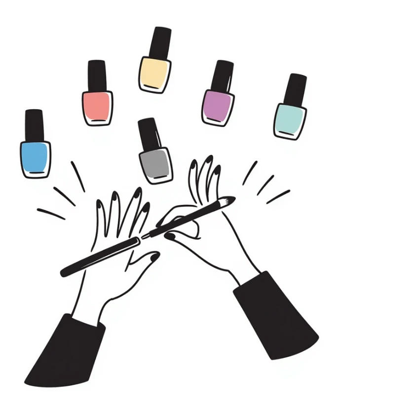 manicure scene with hands, painted nails, and nail polish bottles in pastel colors dd9fb0, ffc6d3, a3bfc9, c4bee2, f1b091, hand-drawn doodle style sticker
