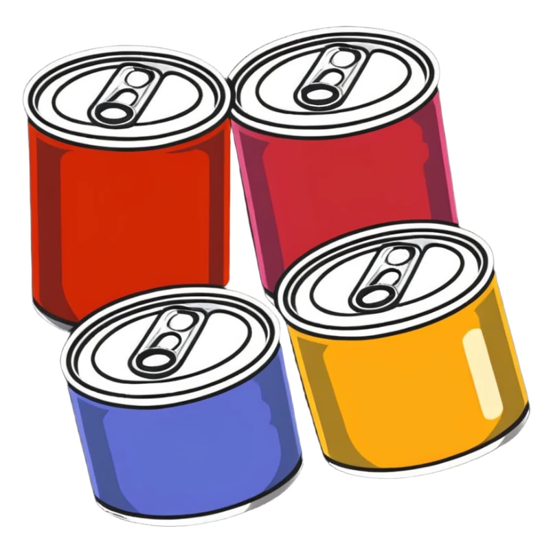 Four assorted canned food cans arranged together, showing different types of canned foods sticker