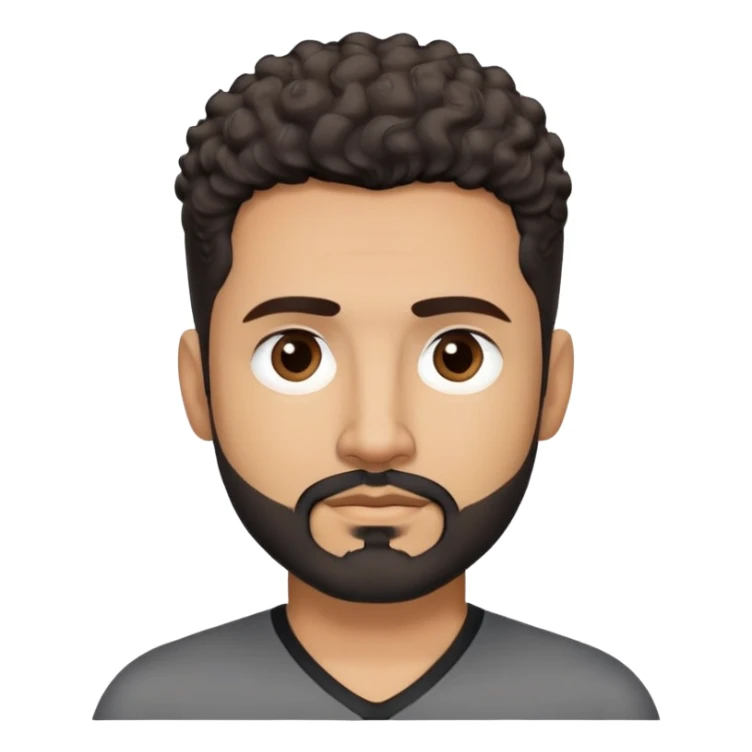 Latino man in his late 40s with light brown skin. Square face with defined jawline. Dark eyes with calm gaze. Short curly dark hair. Black goatee beard with some gray streaks. Wearing a black V-neck shirt. sticker