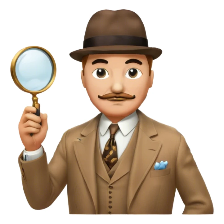 A cinematic-style frame showing Hercule Poirot in his iconic suit with a magnifying glass in a dramatic detective pose. Background should be mysterious city background and subtle clues like fingerprints or a crime scene. Transparent background. sticker