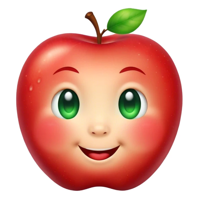 Cute Kawaii Apple, round and plump, bright shiny red with a tiny green leaf, chubby cheeks, sparkling eyes, a happy smile, soft glowing highlights, radiating fresh sweetness! sticker