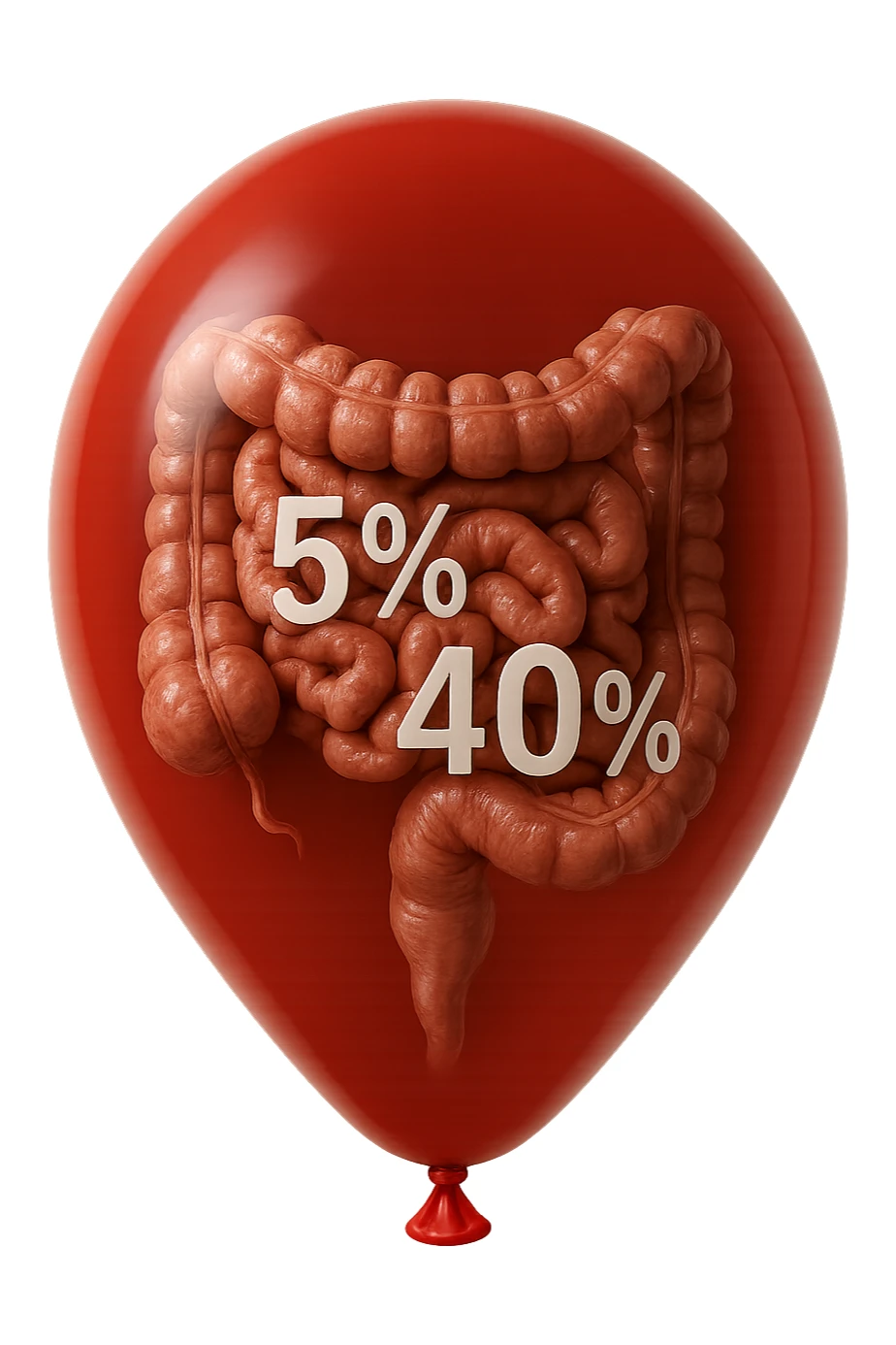 intestino umano anatomico chiuso in un palloncino rosso con la scritta 5% e 40% dentro insieme all'intestino, iperrealistico 4k sticker