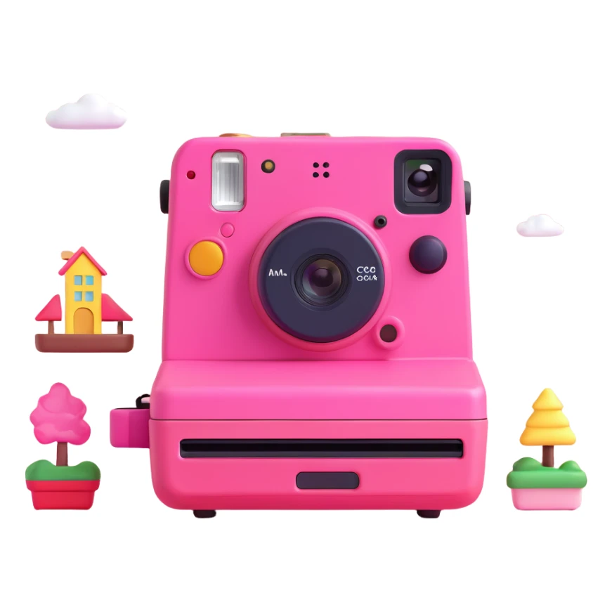 A pink instant camera with three photos floating around it. The photos depict various cute and colorful scenes. The camera has a detailed and vibrant design. sticker