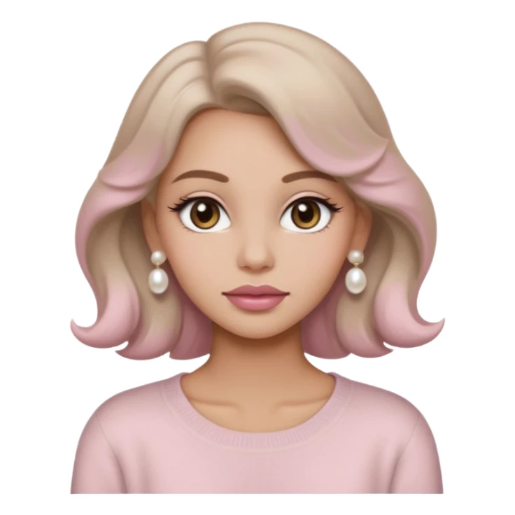 “Emoji girl, soft matte skin, neutral taupe eyeshadow, light rose lips, subtle contour, pearl earrings, loose waves, wearing cream cashmere sweater.” sticker