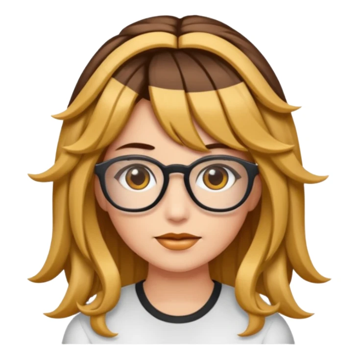 Uma garota de cabelos cacheados com mechas loiras, com pele morena clara e óculos sticker