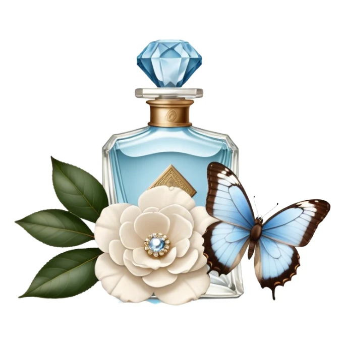 A nostalgic composition of an antique perfume bottle with a crystal stopper, an old love letter, and a single pale blue butterfly resting atop a white camellia.
 sticker