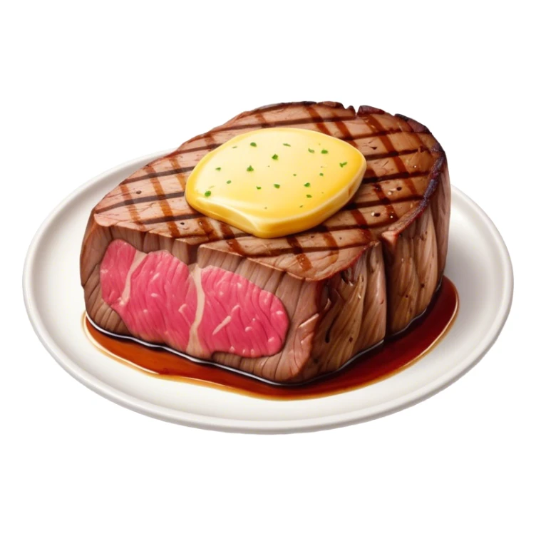 Cinematic thick-cut steak, perfectly seared with grill marks, a juicy pink center, butter melting on top, rich and savory, warm glow, sizzling and mouthwatering, highly detailed and appetizing. sticker