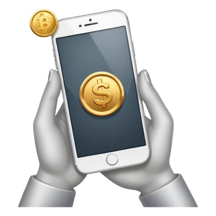 hand holding a phone showing a play icon and coin sticker