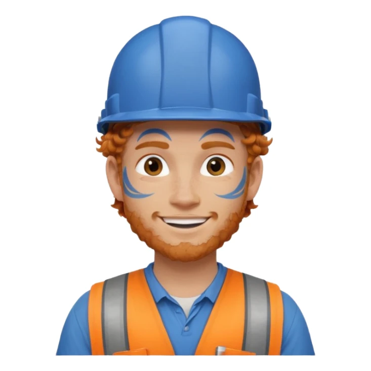 construction worker man ginger curly hair, blue helmet and face tattoo sticker