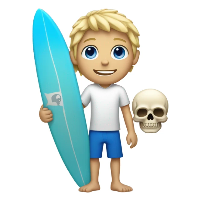 boy with scruffy blonde hair and blue eyes. holding a surfboard with a skull on it sticker