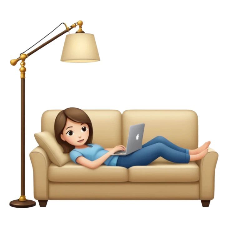 A girl is working with a laptop while lying on a sofa, with a floor lamp to the right. sticker