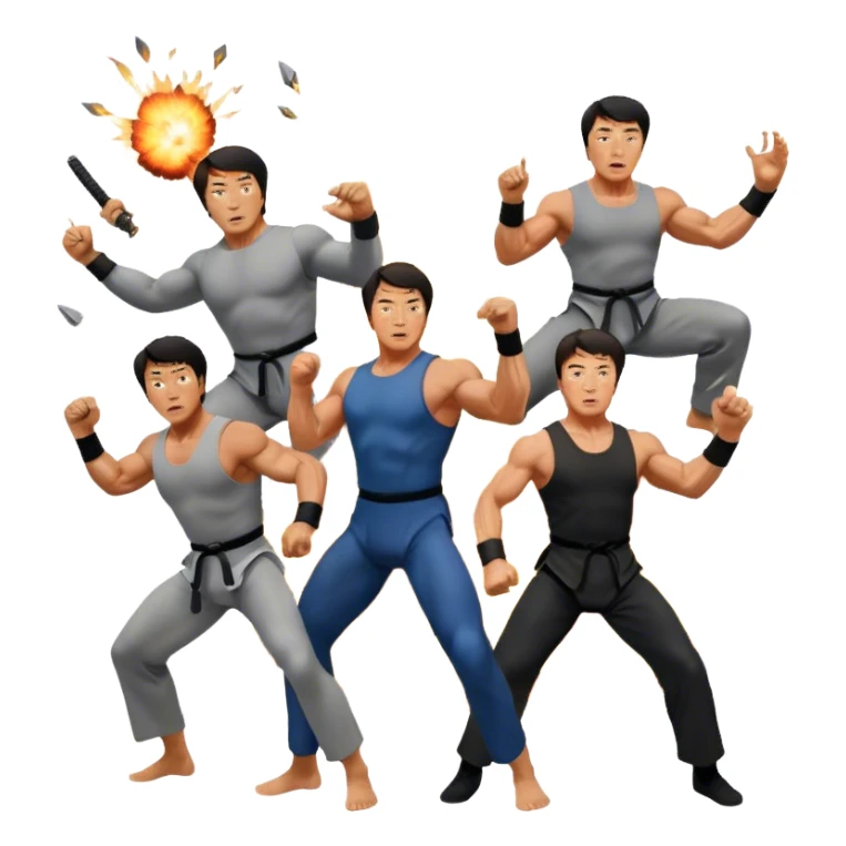 Collage of Arnold Schwarzenegger, Sylvester Stallone and Jackie Chan in intense action poses, surrounded by explosions, martial arts moves, weapons. The design should capture the high energy and heroism of classic action films. Transparent background. sticker