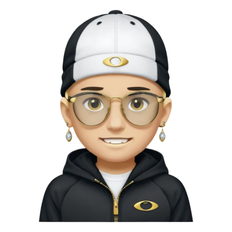 un emoji de un chico emcapuchado blanco, con gorro kalenji, dientes de oro, com uma chaqueta negra nike tech y unas gafas de oakley, con pendientes de diamante  sticker