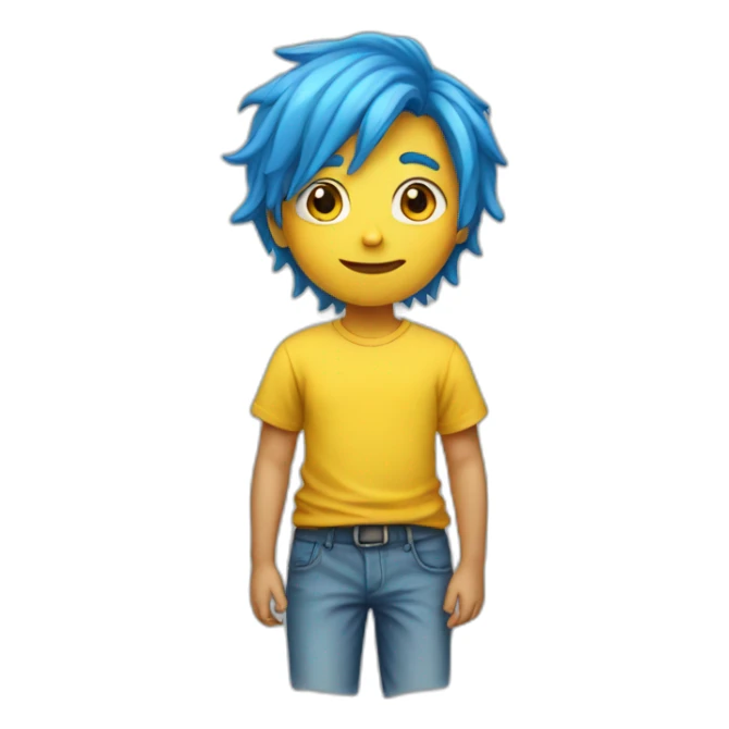 A kid with blue hair and yellow t-shirt sticker