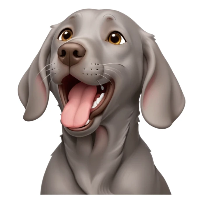 cinematic-cute-yawning-weimaraner-portrait-emoji,-head-tilted-slightly-with-a-dramatic,-wide-open-yawn,-revealing-a-sleek grey fur-with-a-subtle-shimmer,-floppy-ears-slightly-drooping,-round-brown-eyes-barely-open-in-drowsy sticker