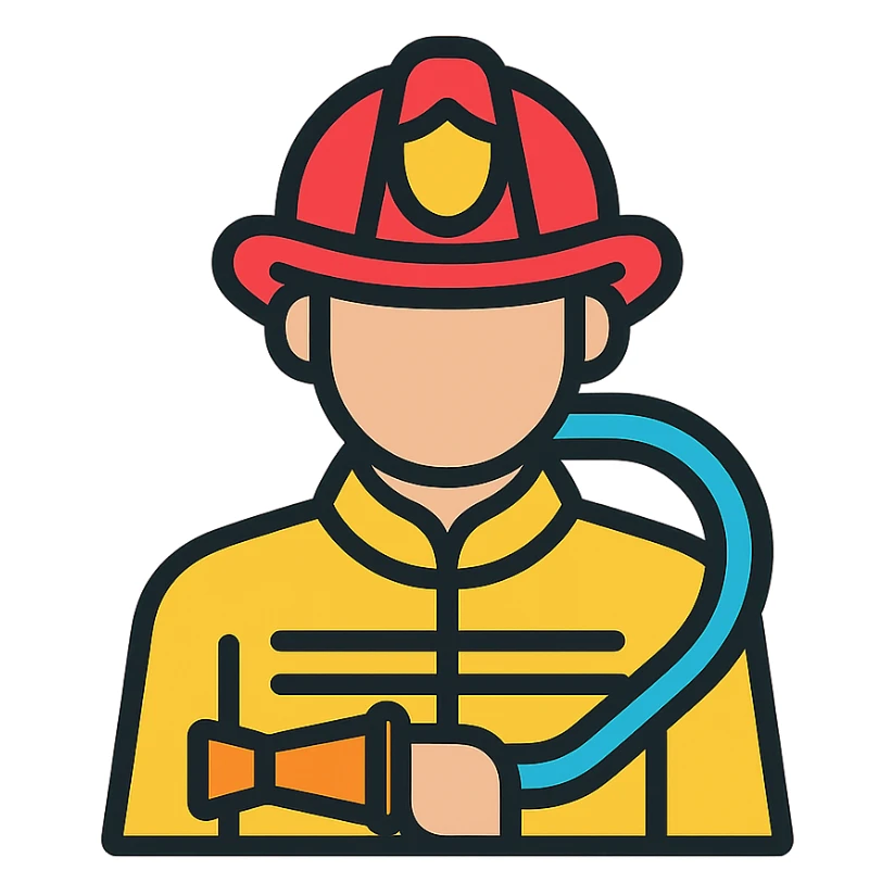 firefighter icon with helmet and hose, clean and modern style sticker