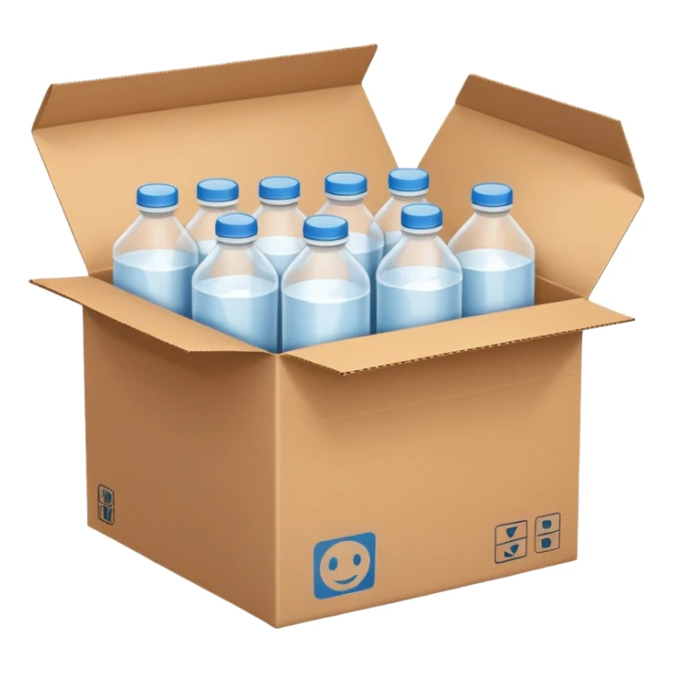 white transparent plastic bottles popping out of a delivery cardboard box sticker