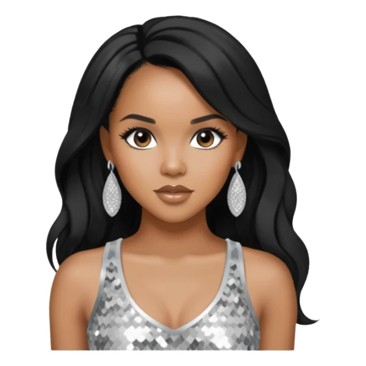 LeToya Luckett with black long hair, silver sequin crop top, silver earring sticker