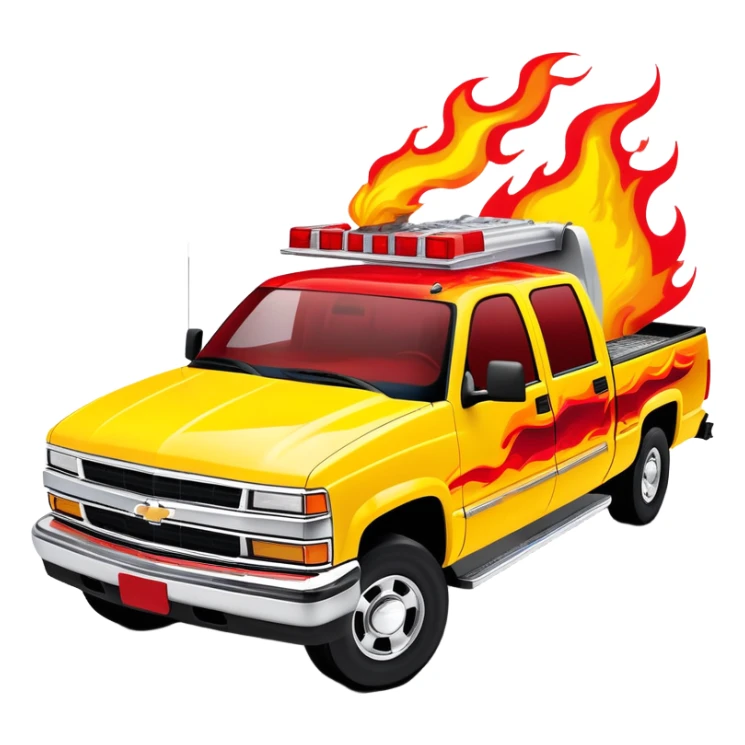 Yellow 1997 Chevrolet C-2500 Crew Cab with vibrant airbrushed red flame artwork flowing dramatically across hood and front, highly detailed fire pattern, Kill Bill movie vehicle, 30-degree view, iOS emoji style sticker