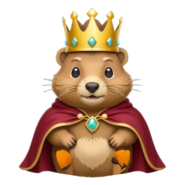 Groundhog wearing crown with a maroon cape with KPM embroidered on the cape sticker