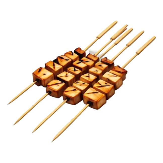 Cinematic Realistic Yakitori Dish Emoji, depicted as skewered, grilled chicken pieces with a charred finish rendered with crisp textures and appetizing, natural lighting. sticker