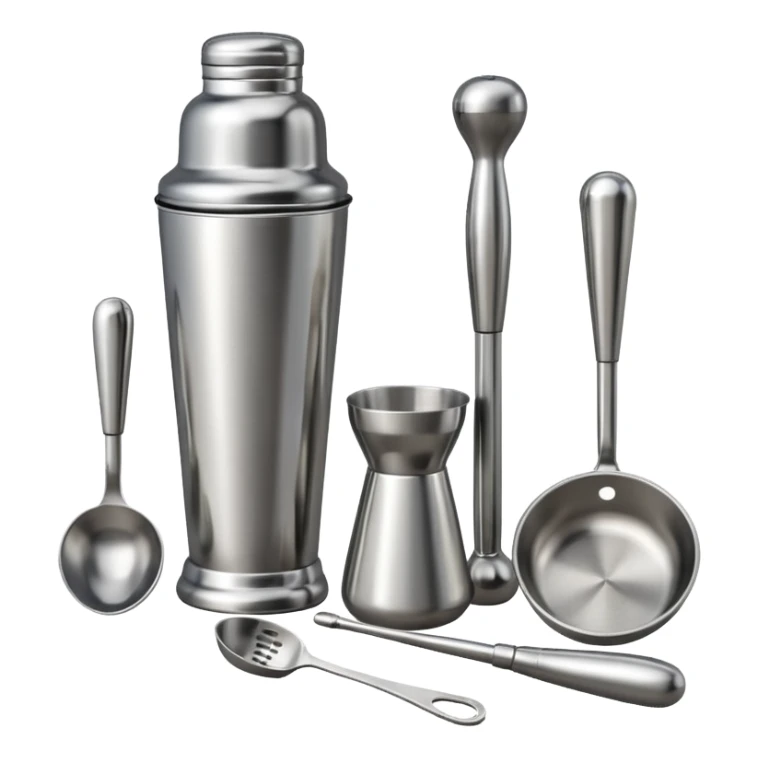 A metal shaker set including a shaker, jigger, and muddler neatly placed on the counter.
 sticker