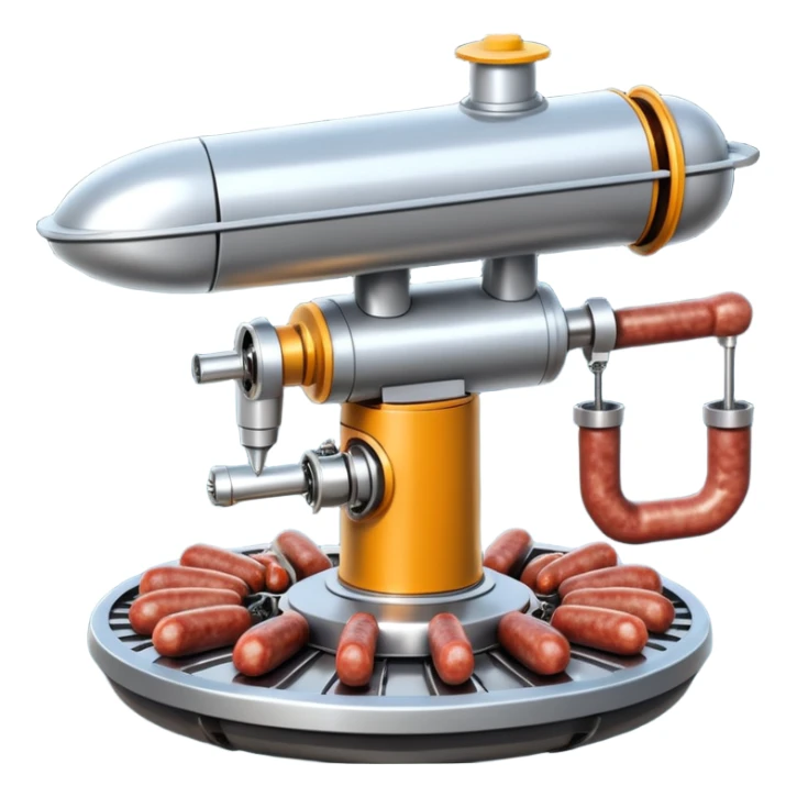 sausage-processing droid. retro-futuristic style. top is a circular industrial meat grinder with rotating gears and blades. Two robotic arms feed material into grinder. Sausage links extrude from the rear like  factory. The body is metallic, compact, and floats above the ground.no legs. Dark humor sticker