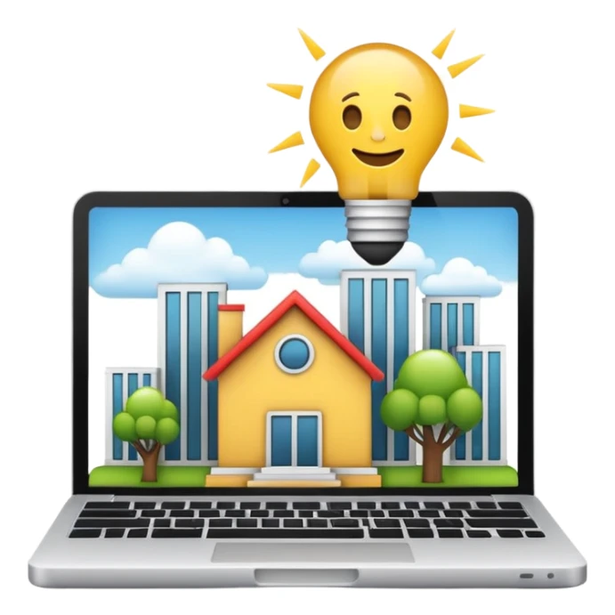 Emoji de una agencia creativa: edificio moderno pequeño con laptop y bombilla de ideas, estilo emoji minimalista, colores planos, líneas limpias, aspecto profesional y amigable, fondo transparente. sticker