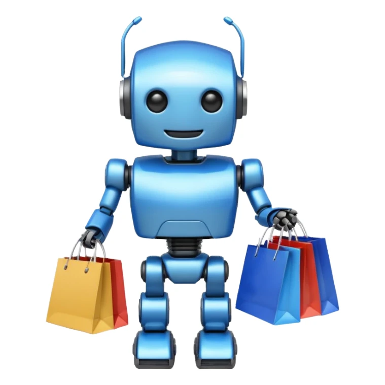 black friday robot with blue and metalic colours with bags in his hands smiling sticker