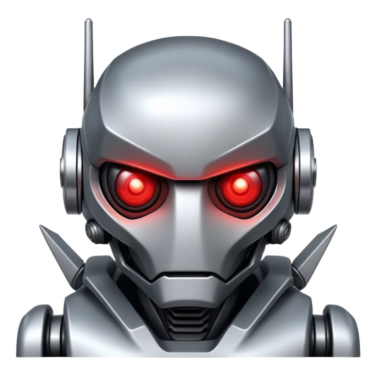 Menacing robot with glowing red eyes and sharp metallic features sticker