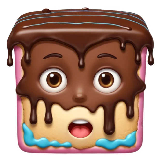 Rectangular chocolate mini pastry, slightly messy, wide shocked eyes, open mouth, chocolate dripping, text above: "ПАСТИЧКА", chibi style, Twitch emoji style, transparent background, colorful

 sticker