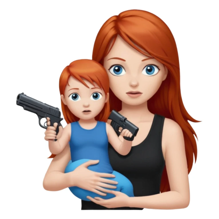 A red head with long straight hair, she has blue eyes with big boobs. She’s wearing a black tank top and holding a gun up in one hand and a baby boy with blue eyes sucking on one of her boobs in the other arm sticker