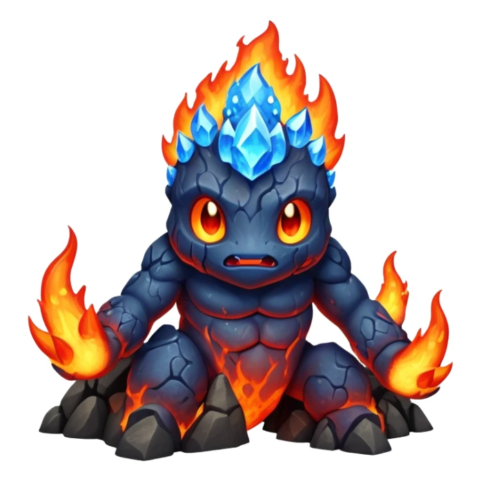 a mystical fast lava creature without arms with molten lava on its head and some rocky shoulders, full body, fire crystals, blue flames, no background sticker
