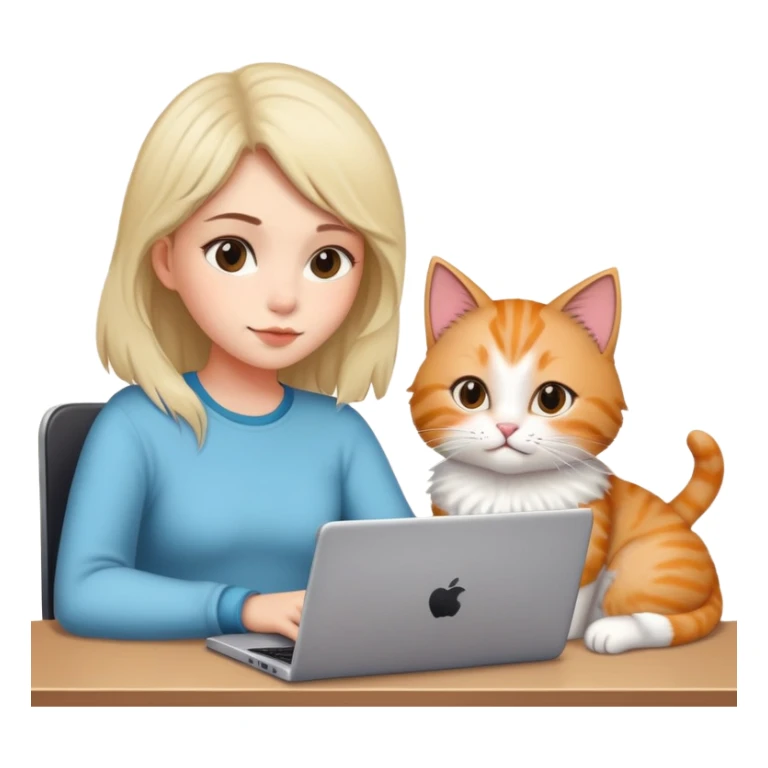 A girl is working on a laptop with a cat lying next to it sticker