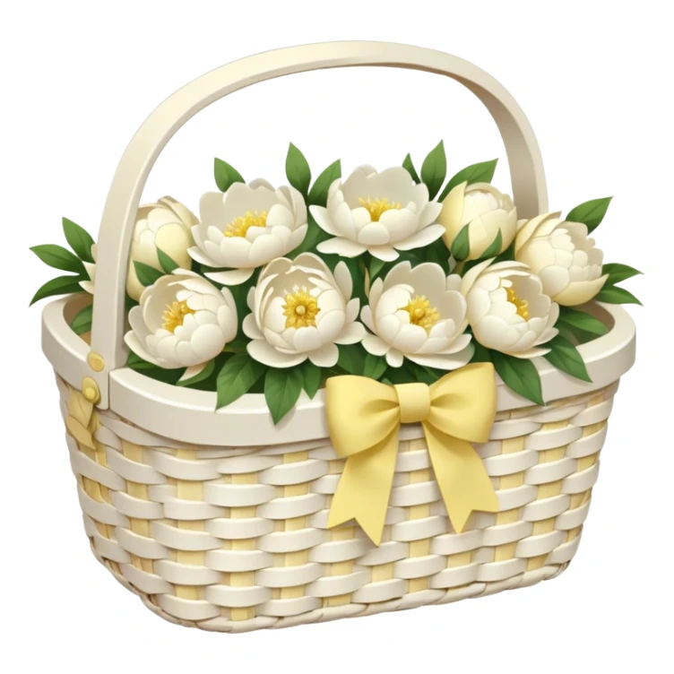 White Picnic basket with pastel yellow bow and white peonies inside sticker