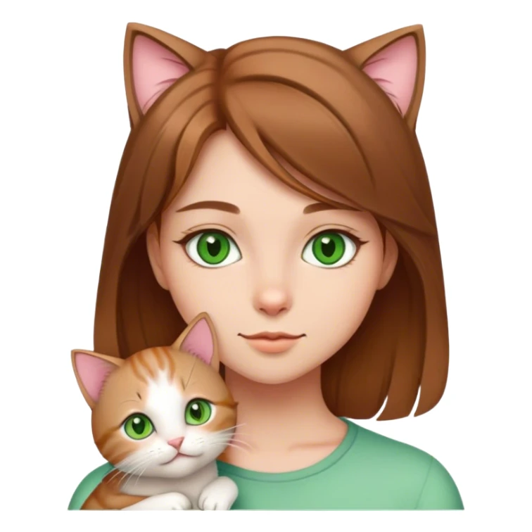 cute girl medium light brown hair green eyes and a cute kitty sticker