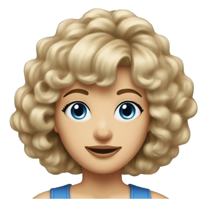 Medium length Dirty blonde big poofy hair with bangs all across forehead and sides swept away from face woman of 60 with blue eyes  sticker