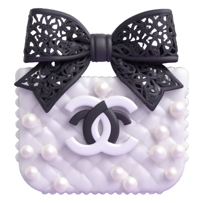 Change the bow to a lace bow, keep pearls and white Chanel logo, elegant, glossy, black and white, 3D emoji style. sticker