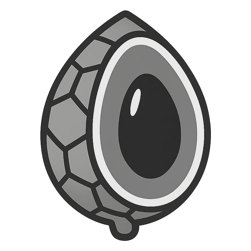 mamey shaped like a soccer ball, brown shell, red interior, black seed, minimalist style sticker