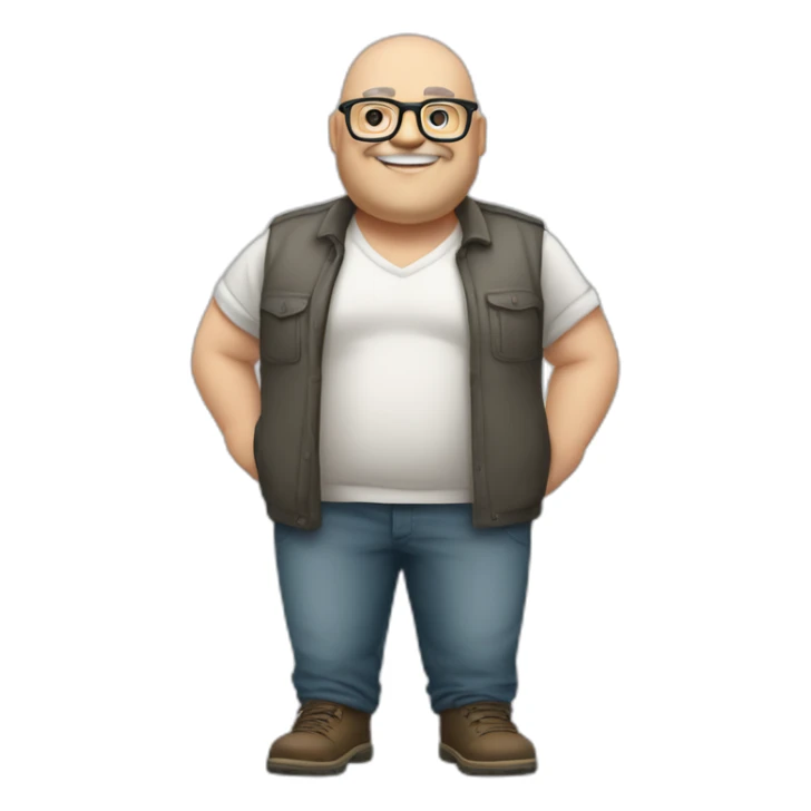 crossed arms full body smiling chubby white man bald head graybeard glasses sticker