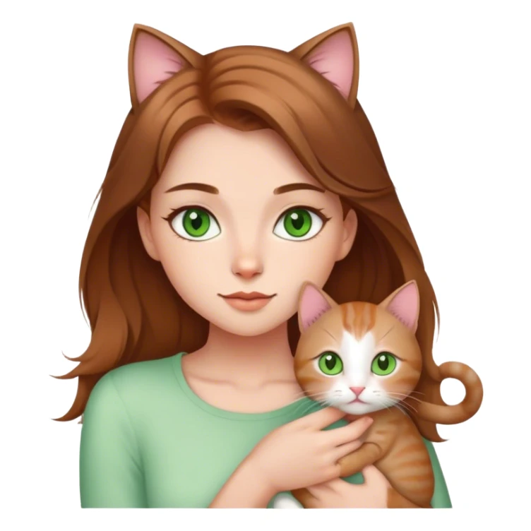 beauty girl medium light brown hair green eyes and a cute kitty sticker