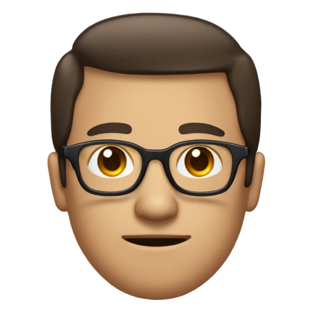 emoji with a rectangular glasses and a large square nose, dark brown hair with two symmetrical semicircles on both sides that pull back his forehead sticker