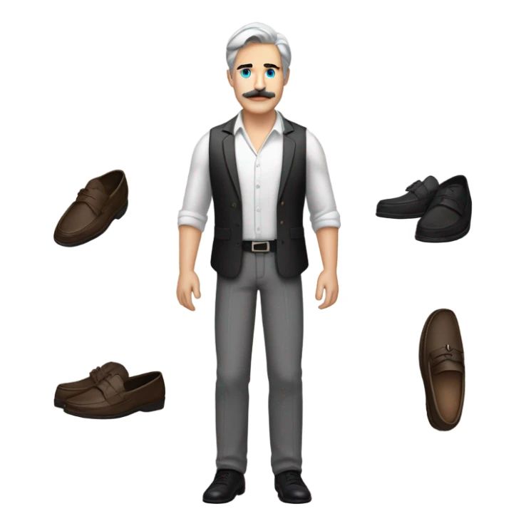 a white man standing  with blue eyes a thick dark brown  moustache, down turned black eyebrows and then dark grey hair he’s wearing an expensive watch and a white shirt and black dressy pants with beige loafers he’s very handsome  sticker