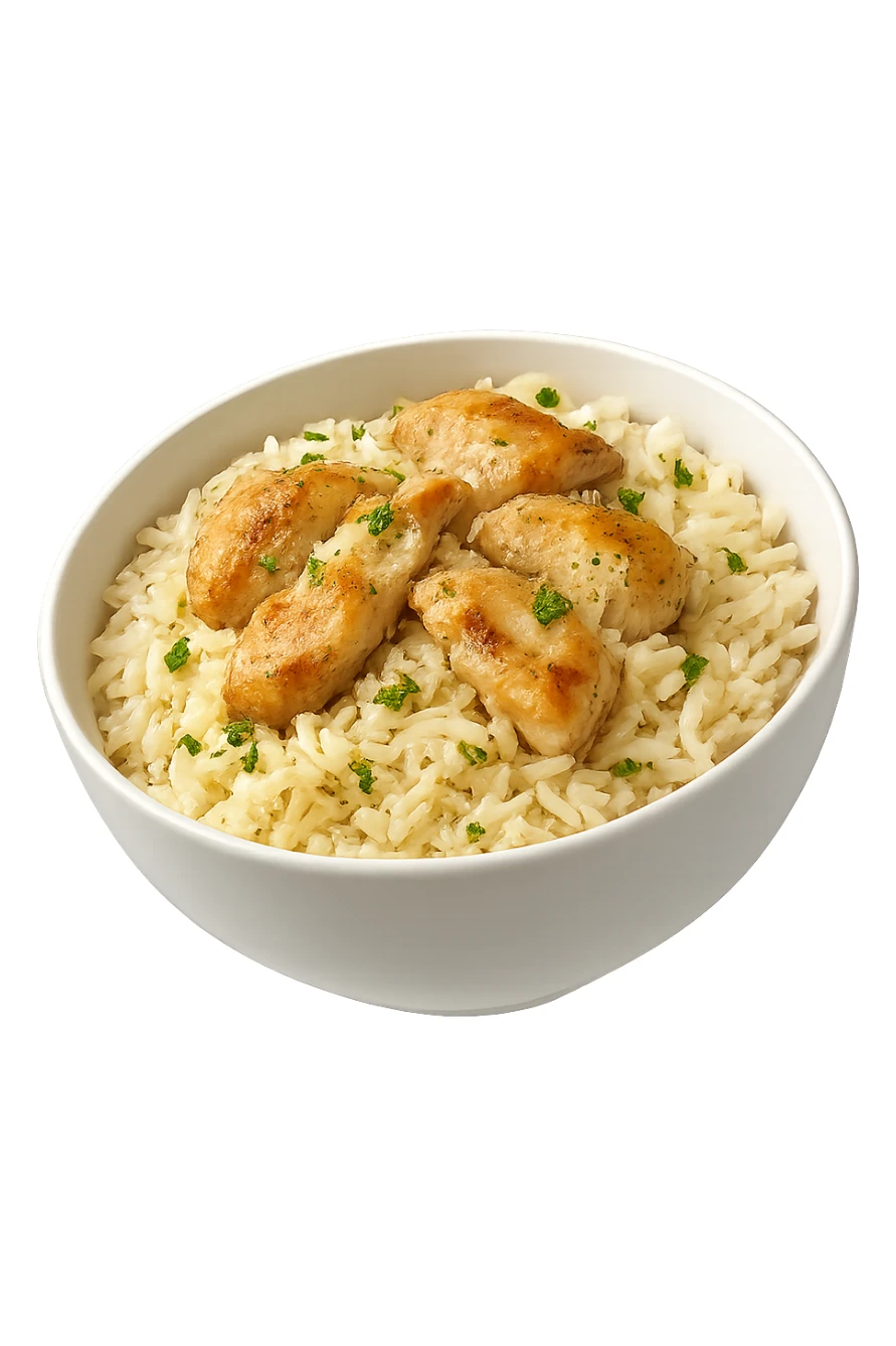 bowl bianca che fluttua in aria con riso e pollo sticker