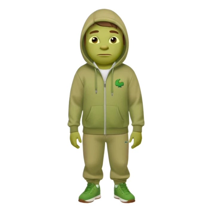 Shrek en tn avec une cagoule un jogging Lacoste avec un pull CP company sticker